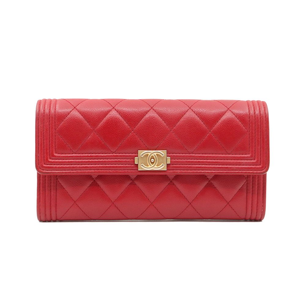 CHANEL Red Caviar Skin Gold Boy Long Flap Wallet (Size 24) / A80286