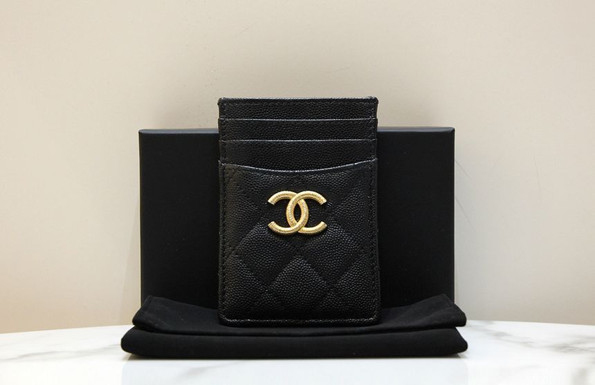 CHANEL Caviar Black Gold 3-Tier Card Holder Wallet AP3527