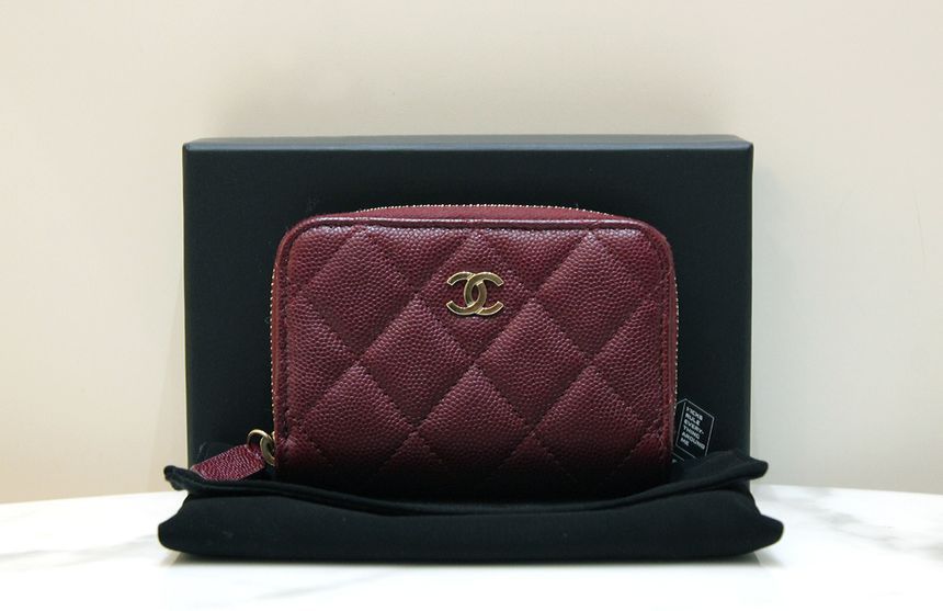 CHANEL Classic Caviar Burgundy Zipper Coin Wallet AP0216 - A Grade