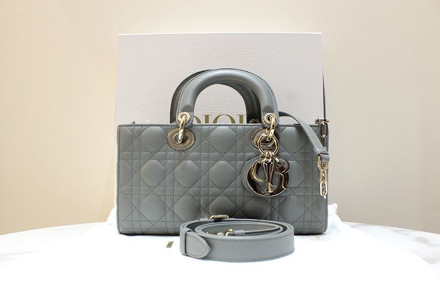 Dior Lady D-Joy Medium Stone Gray Gold Tone Tote Shoulder Bag M0540 SKU