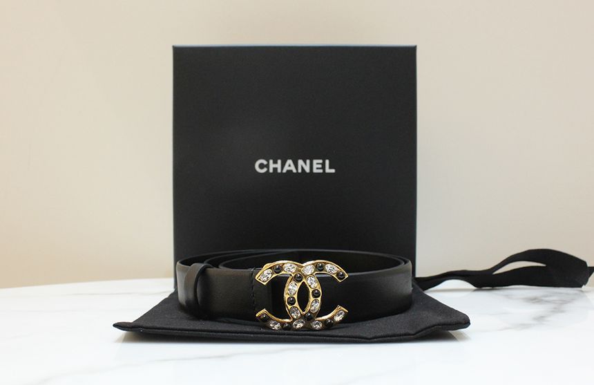 CHANEL Cubic Crystal Black Leather Belt 80 Size S Grade [Product Number: 123456]