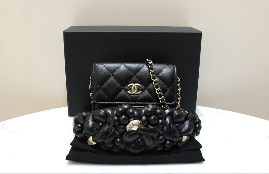 CHANEL Camellia Lambskin Black Chain Shoulder Crossbag 31st Grade S with SKU