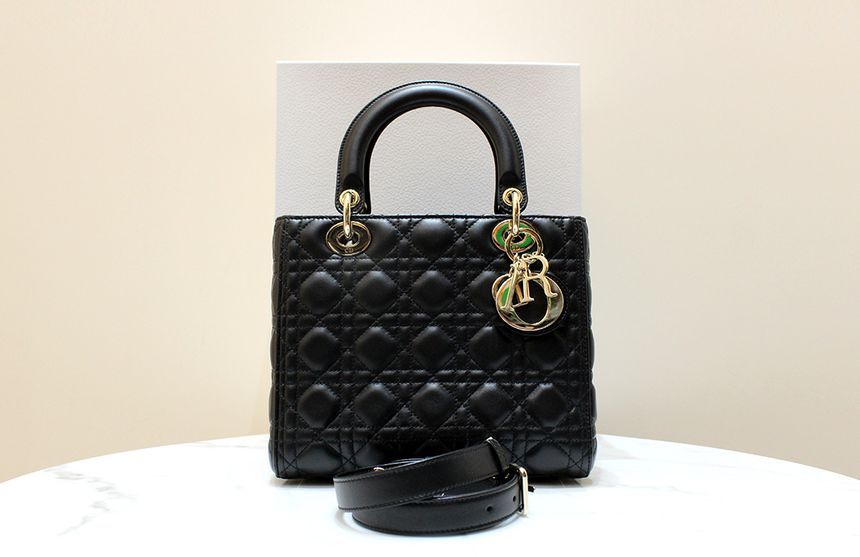 Dior Lady Black Lambskin Gold Accent Medium Tote & Shoulder Bag M0565 A Grade