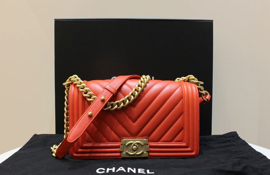 CHANEL Lambskin Boy Bag Medium Orange Flap Shoulder Bag A67086 S Grade