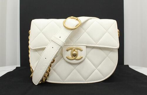 CHANEL Caviar Mini Messenger Bag White Gold Shoulder & Crossbag AS2484 A Grade