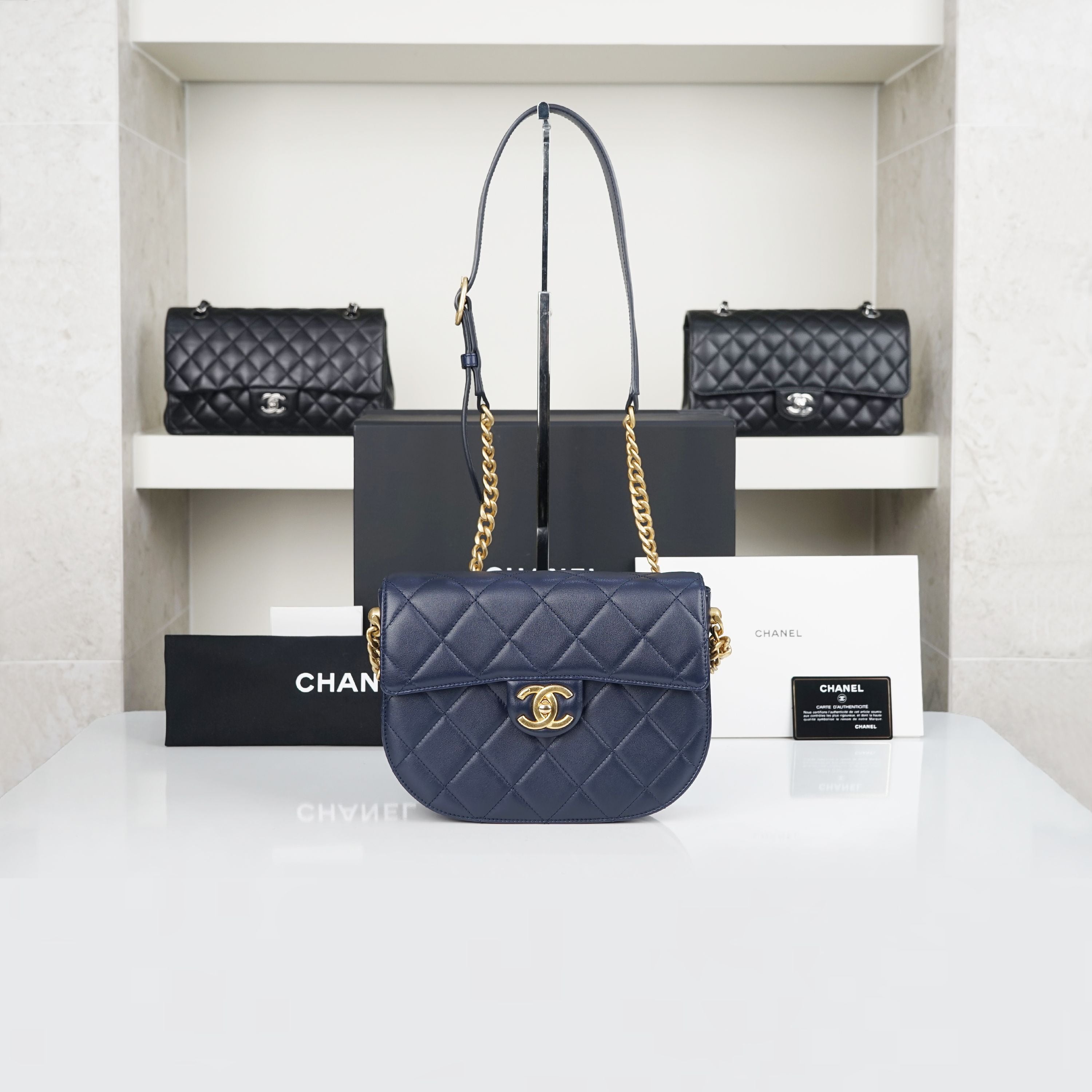 CHANEL Navy Vintage Gold Accent Crossbody Bag 31st Series AS2485