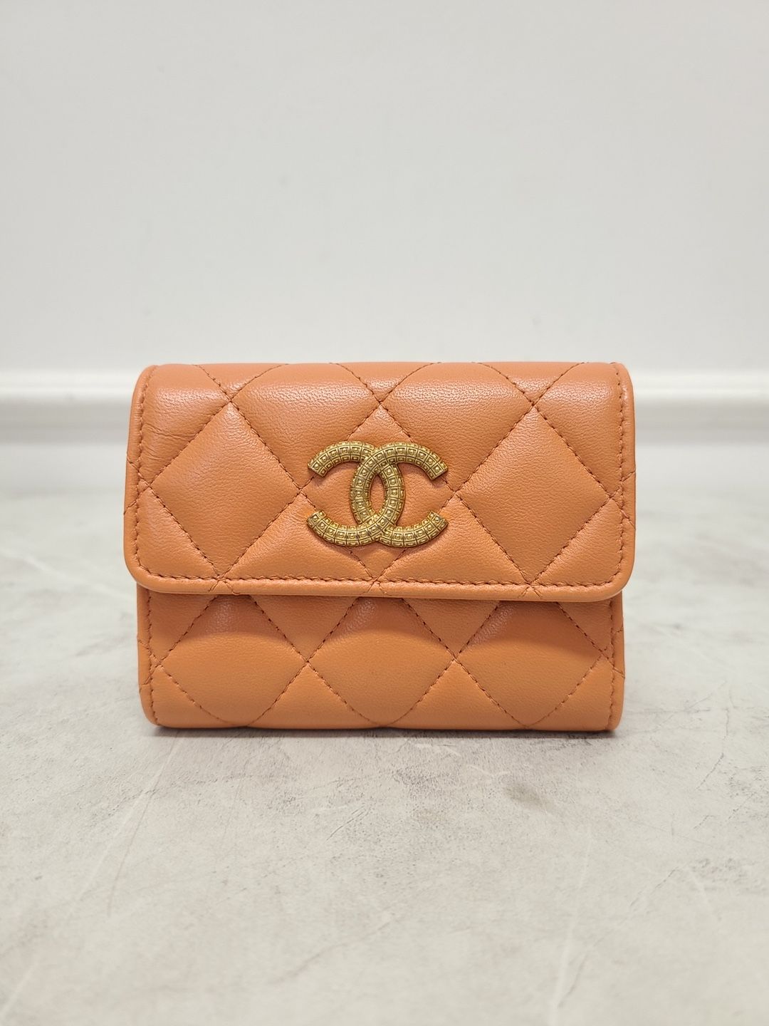 CHANEL Orange Gold Metal Logo Lambskin Flap Card Holder Wallet with NFC Chip SKU