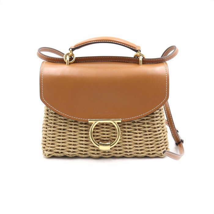 Salvatore Ferragamo Brown Calfskin Raffia Mago Gold Accent Tote/Crossbody Bag aa50167