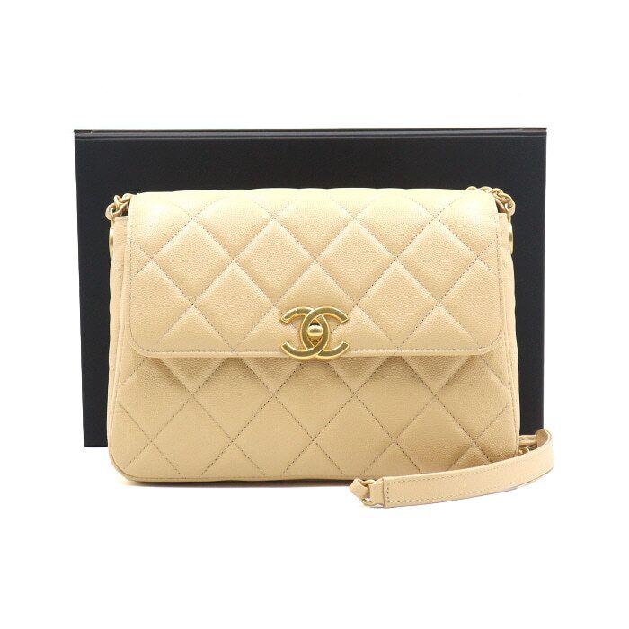 CHANEL Beige Caviar CC Flap Chain Shoulder Bag AA50162