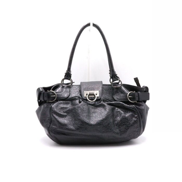 Salvatore Ferragamo Black Glossy Leather Chain Lock Shoulder Bag aa36593