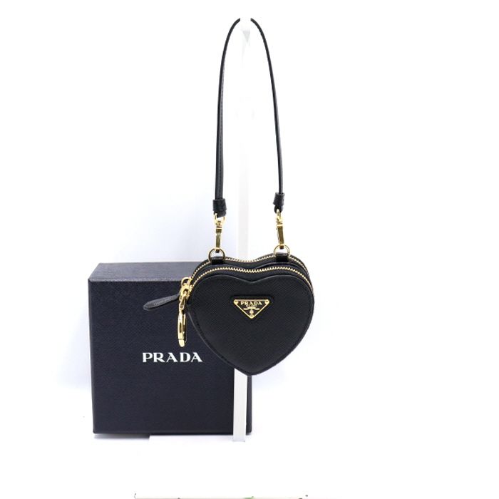 Prada Mini Heart Keyring Strap Pouch Bag Black 1TL453