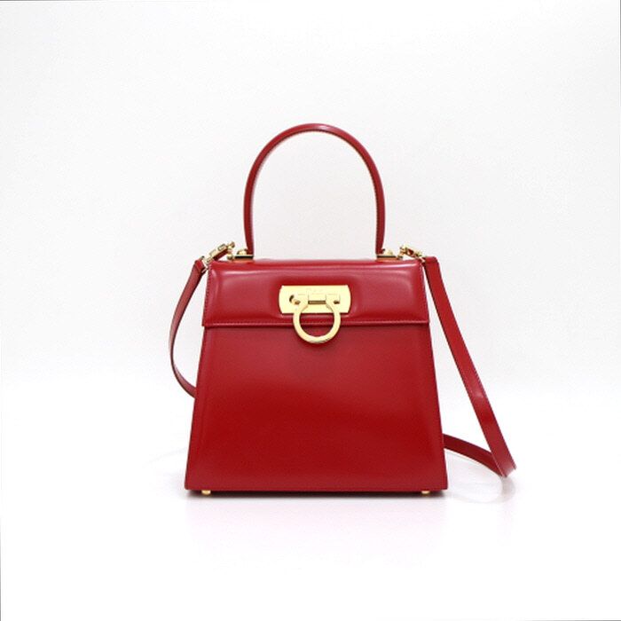 Salvatore Ferragamo Red Gold Chain Handle Medium Kelly Bag Tote Shoulder Bag 21 2268 aa34751