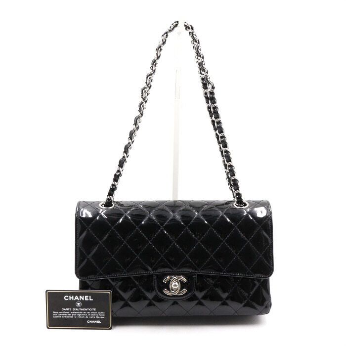 CHANEL Classic Medium Chain Shoulder Bag in Black Glossy Patent A01112 aa47601