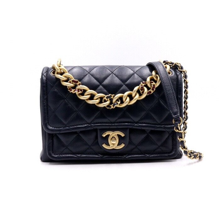 CHANEL Limited Edition Navy Lambskin Flap Gold Chain Tote Bag aa37124