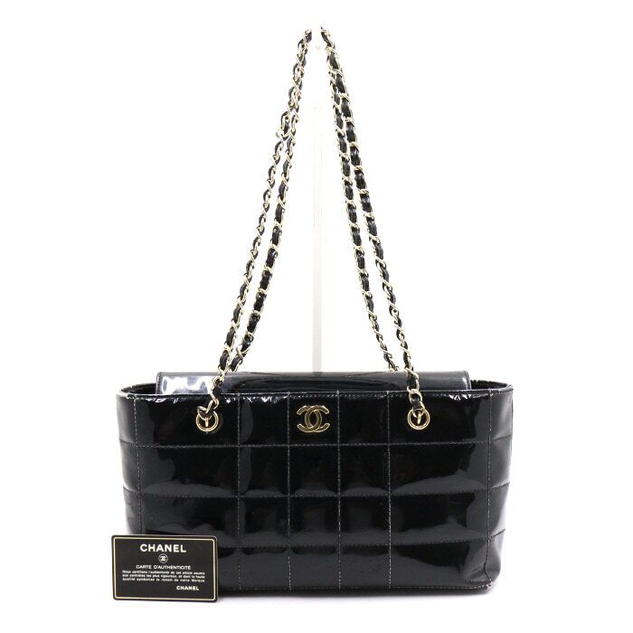 CHANEL Black Patent Vintage Choco Bar Flap Gold Chain CC Shoulder Bag aa49917