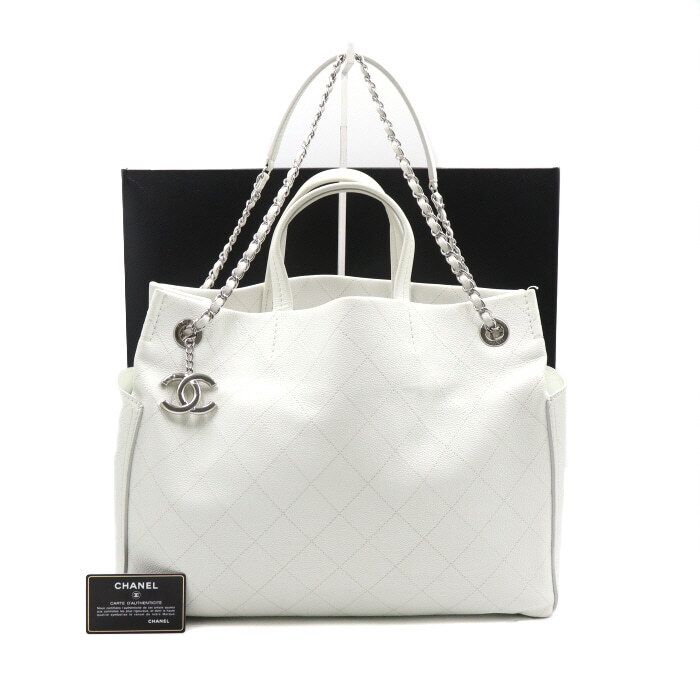 CHANEL White Caviar Chain CC Wild Stitch Shopper Tote Shoulder Bag aa44748