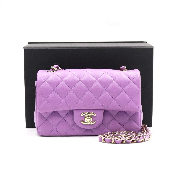 CHANEL Purple Lambskin Mini Classic Flap Champagne Gold Chain Shoulder Crossbody Bag aa45263