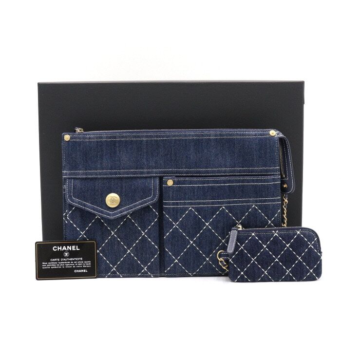 CHANEL Denim White Stitch Quilting Gold Button Multi-Pocket Clutch Bag AA41431