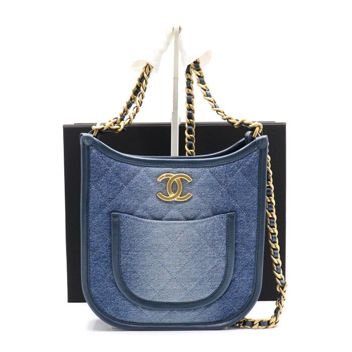 CHANEL 24-Season Chambray Washed Blue Denim Gold Metal CC Hobo Shoulder Bag and Crossbody Bag AS4532