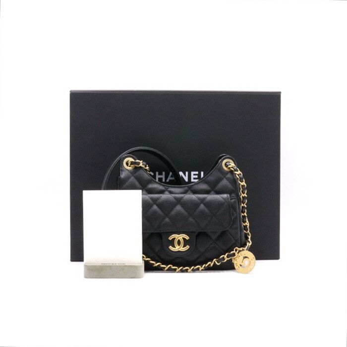 CHANEL Black Caviar Pocket Gold Chain Small Hobo Shoulder Bag & Crossbody aa36205