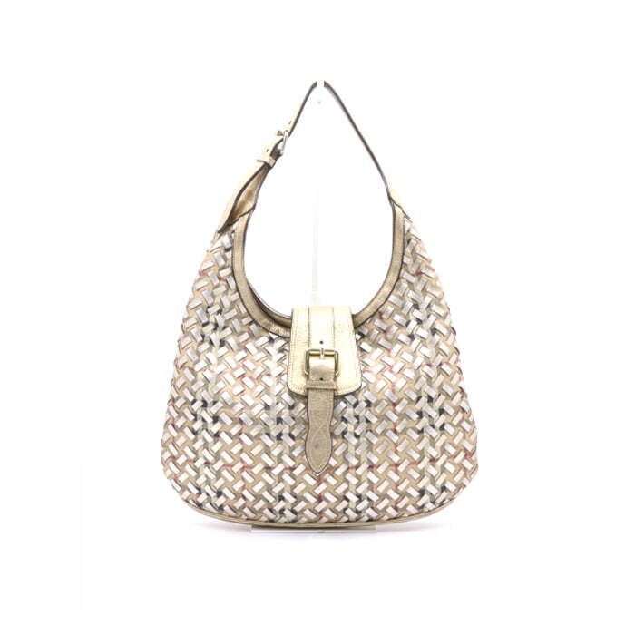 Burberry Vintage Woven Hobo Shoulder Bag Gold Metallic Leather Check aa30119