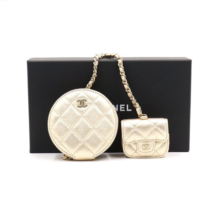 CHANEL Metallic Gold Coin Purse AirPods Case Set with Gold Chain Back Charm AA48915