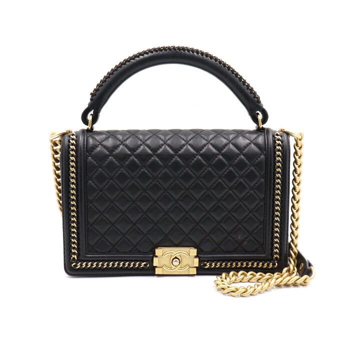 CHANEL Black Lambskin Boy Large Around Chain Top Handle Tote Bag with Gold Chain Shoulder Bag A94811