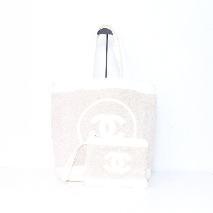 CHANEL Beige White Cotton Beach Tote Shoulder Bag AA7564