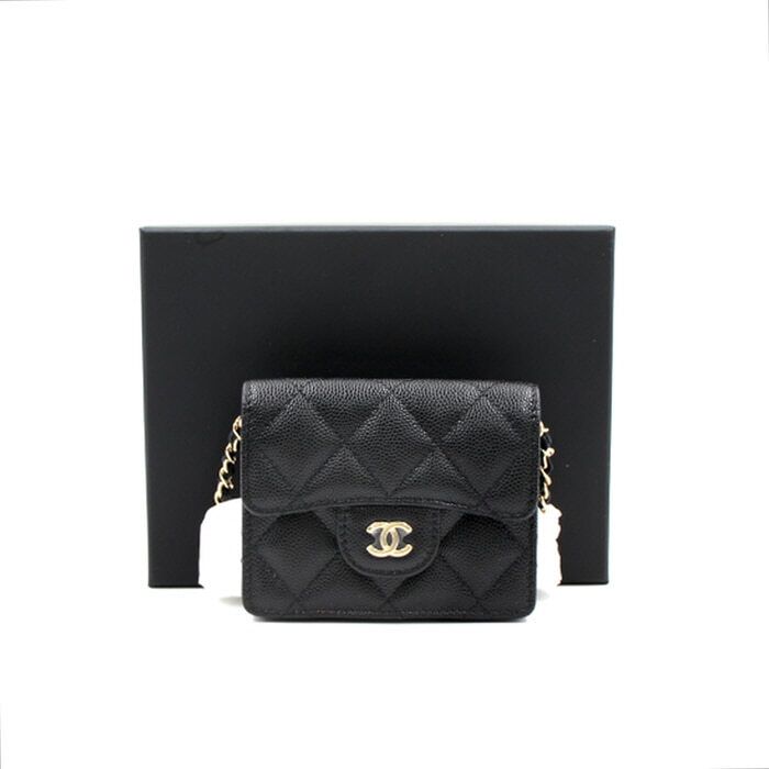 CHANEL Caviar Classic Flap Accordion Cardholder with Chain Shoulder Bag - Black/Gold aa16312