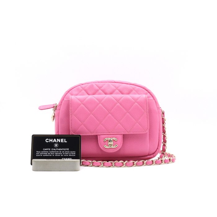 CHANEL Caviar CC Day Camera Case Shoulder Bag Crossbody Gold Chain AS0006