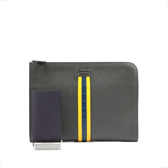 Prada Saffiano Gray Men's Clutch Bag 2VN003 Travel COCC AA18806