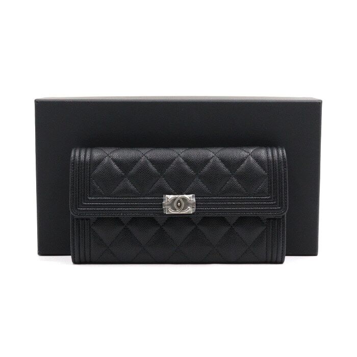 CHANEL Black Caviar Boy Flap Women's Long Wallet A80286