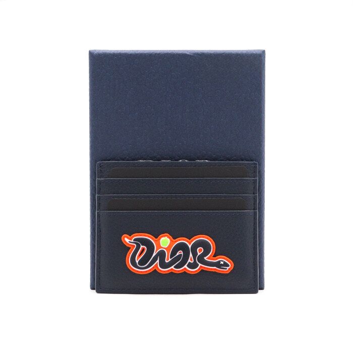 Dior Navy Blue Grain Leather and KAWS Snake Patch Card Wallet aa48233