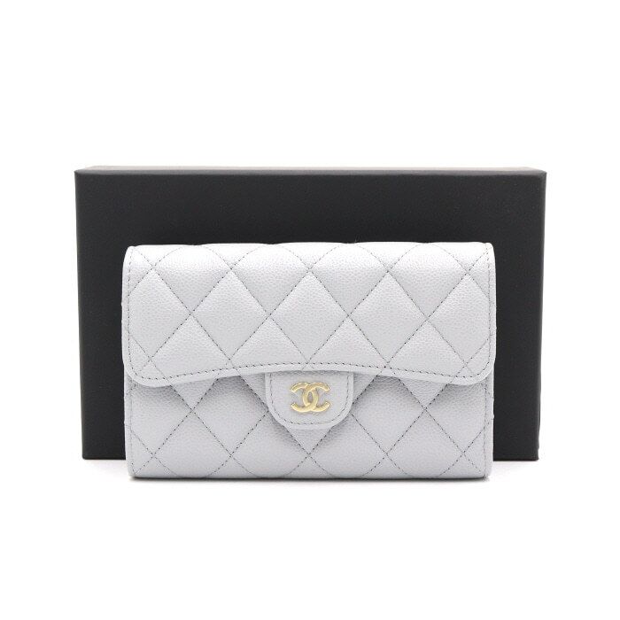 CHANEL Gray Caviar Champagne Gold CC Logo Classic Women's Medium Wallet AA40273