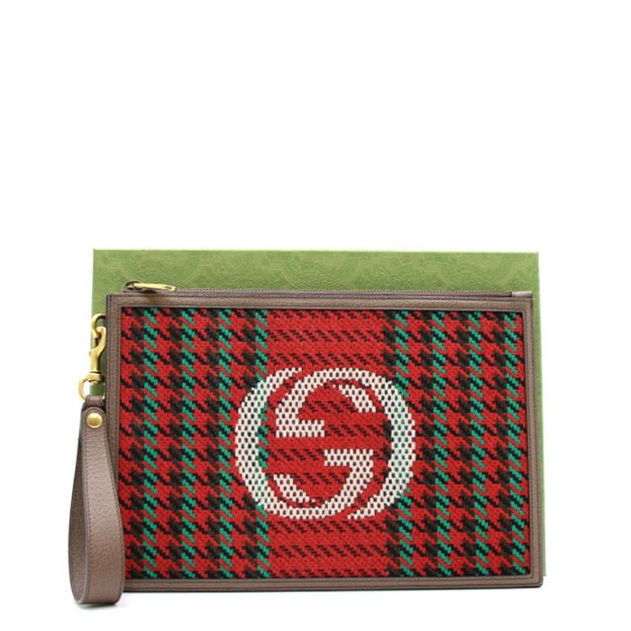 Gucci Interlocking G Houndstooth Stripe Pouch Clutch Bag AA11380 - 643873