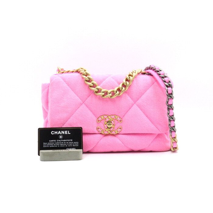 CHANEL Pink Denim Small New Model 19 Gold CC Flap Tote Bag aa32482