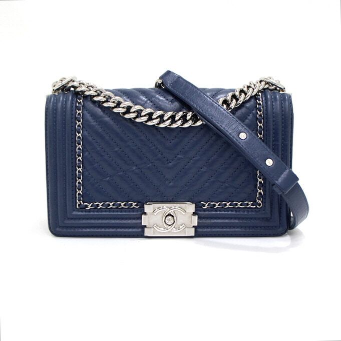 CHANEL Blue Calfskin Medium Flap Chain Shoulder Bag A67086