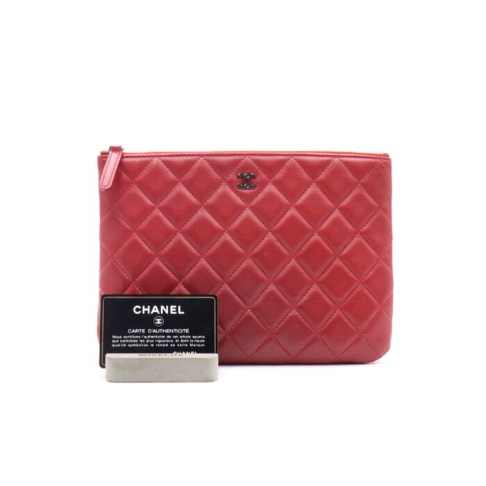 CHANEL Red Lambskin Classic CC Logo Small Pouch Clutch Bag AA28554