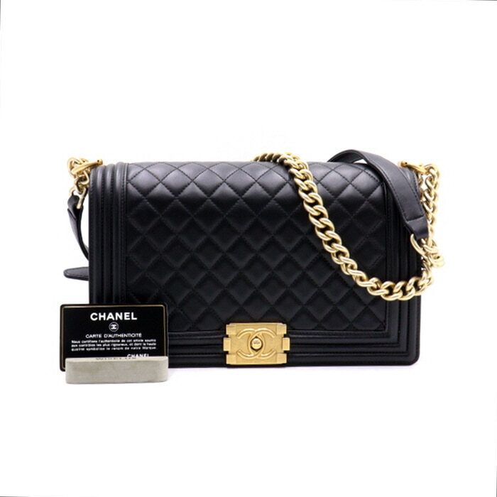CHANEL Black Lambskin Boy Large Flap Chain Shoulder Bag A92193