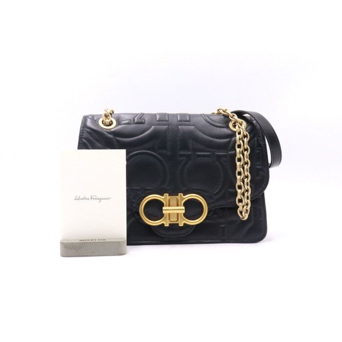 Salvatore Ferragamo Black Quilted Logo Shoulder Bag with Gold Chain AA28804
