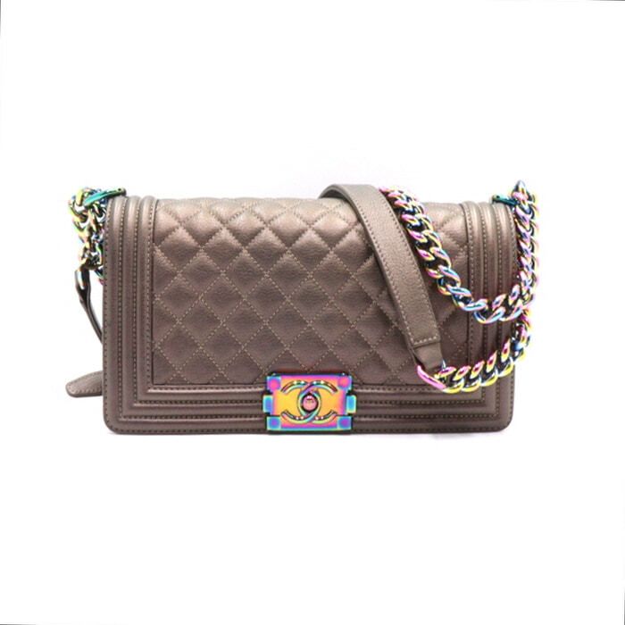CHANEL Limited Edition Boy Calfskin Rainbow Hardware Medium Flap Chain Shoulder Bag A67086