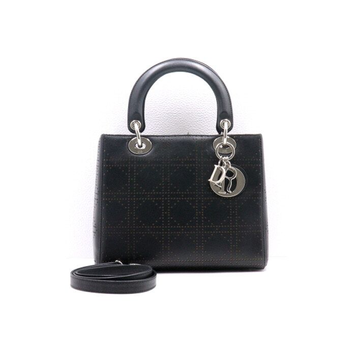 Dior Black Leather Perforated Lady Medium Tote Bag with Shoulder Bag PEB44551