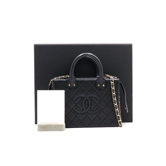 CHANEL Black Cosmetic Case Top Handle Tote Bag with Gold Chain Shoulder Crossbody AS3345 aa32661