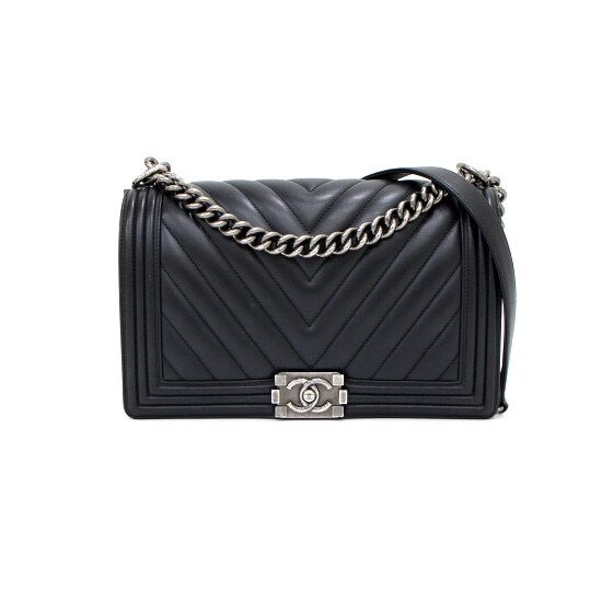 CHANEL Black Lambskin Chevron Boy Large Chain Shoulder Bag A92193