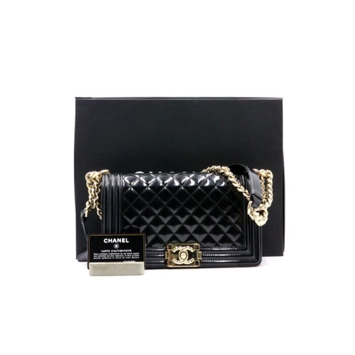 CHANEL Medium Calfskin Black Patent Champagne Gold Chain Shoulder Bag A67086