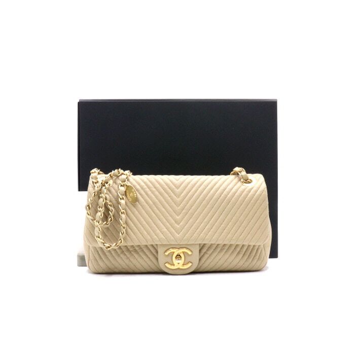 CHANEL Beige Calfskin Chevron Flap CC Chain Shoulder Bag A92087