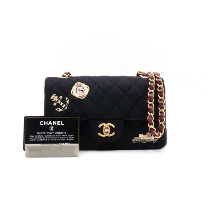 CHANEL Black Canvas New Mini Classic Marine Detail Flap Gold Chain Shoulder Bag Crossbody A69900