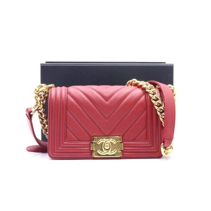 CHANEL Red Chevron Boy Small Chain Shoulder & Crossbody Bag A67085 aa29668