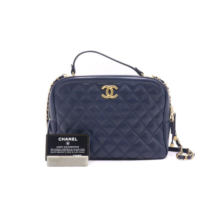 CHANEL Blue Calfskin Quilting CC Cosmetic Vanity Case Top Handle Tote Bag with Gold Chain Shoulder Bag A57906
