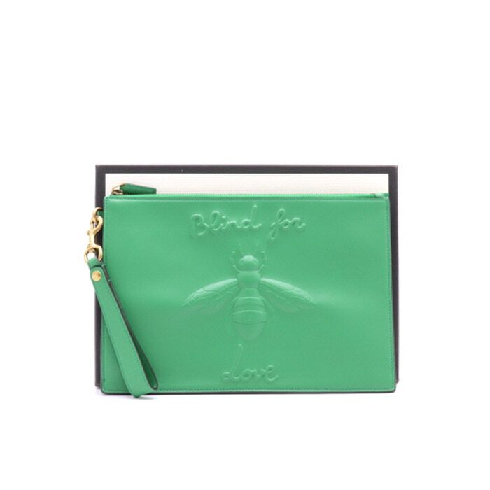 Gucci Love 473961 Blind For Love Bee Green Leather Strap Clutch Bag aa27382